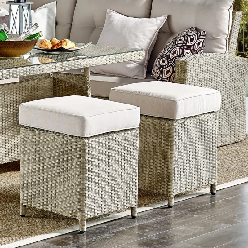 Pangkal Pinang 17"H All-Weather Wicker Outdoor 2 Pc Square Stools With Cushions (Set of 2) | Wayfair North America