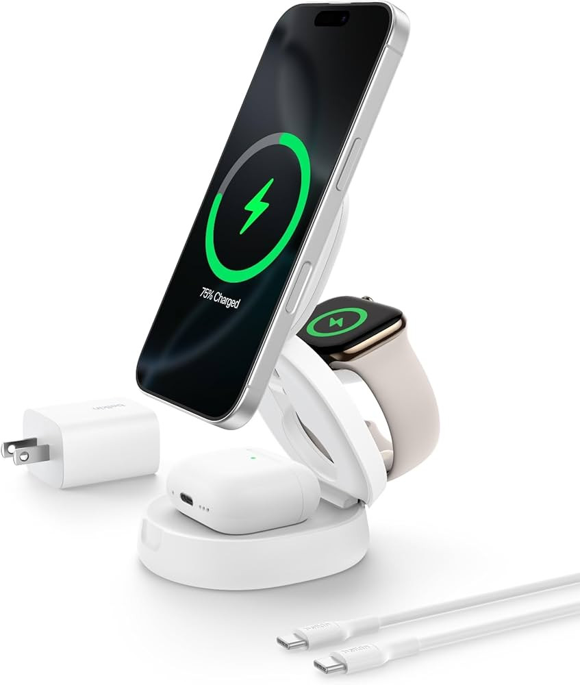 Amazon.com: Belkin MagSafe Charger Compatible, 3-in-1 Qi2 15W Wireless Charging Station, Converti... | Amazon (US)
