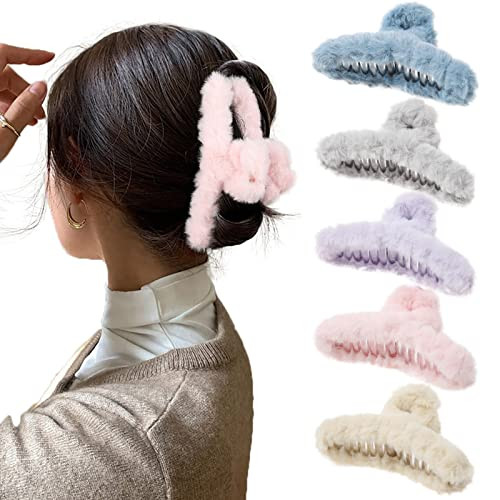 5PCS Large Claw Hair Clips for Thick Hair Big Fuzzy Hair Clips for Women Nonslip Strong Hold Hair Claw Clip (Plush (Blue+Grey+Pink+Purple+Beige)) | Amazon (US)