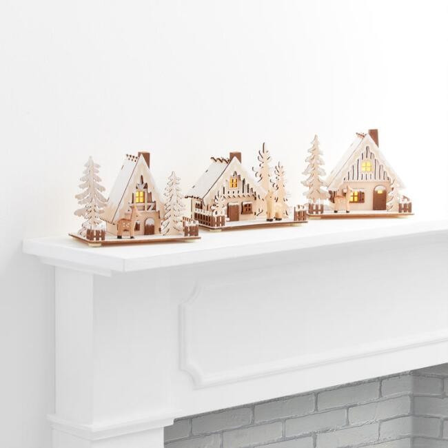 Laser Cut Wood Icy Cottage LED Light Up Decor Set of 3 | World Market