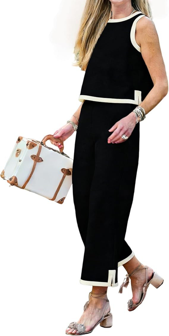 Women's 2 Piece Sets Boho Color Block Sleeveless Crop Top Capri Beach Vacation Matching Pants Set... | Amazon (US)