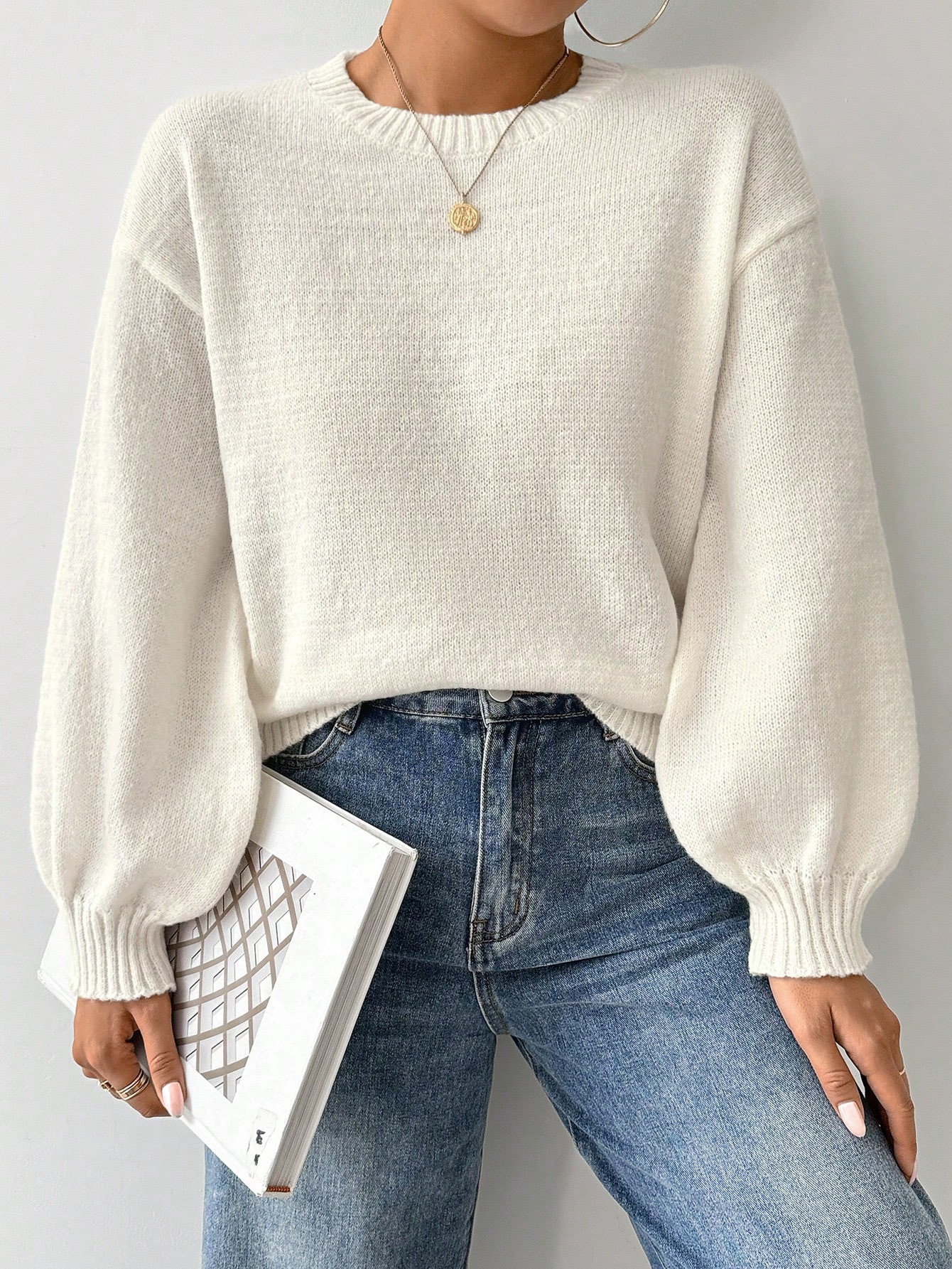 SHEIN Essnce Loose Round-Neck Lantern Sleeveharmony Drop Shoulderknitted Sweater | SHEIN