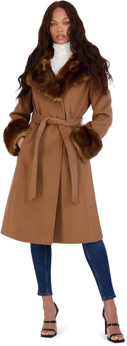 Via Spiga Women's Long Wool Wrap Coat with Faux Fur Trim | Amazon (US)