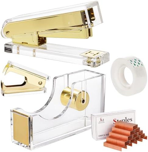Hiceeden Acrylic Gold Stapler and Tape Dispenser Set, Desk Accessories Office Supplies Includes T... | Amazon (US)