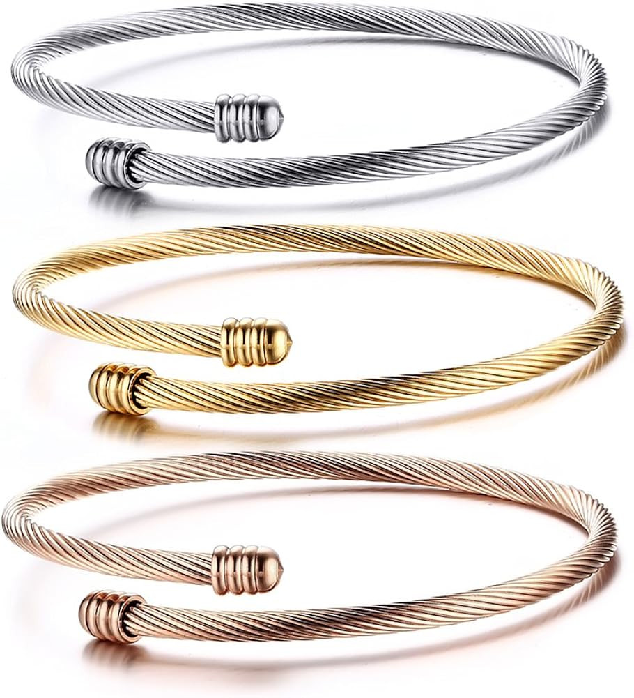 HUANIAN Stainless Steel Triple 3 Stackable Cable Wire Twisted Cuff Bangle Bracelet for Women, Gol... | Amazon (US)
