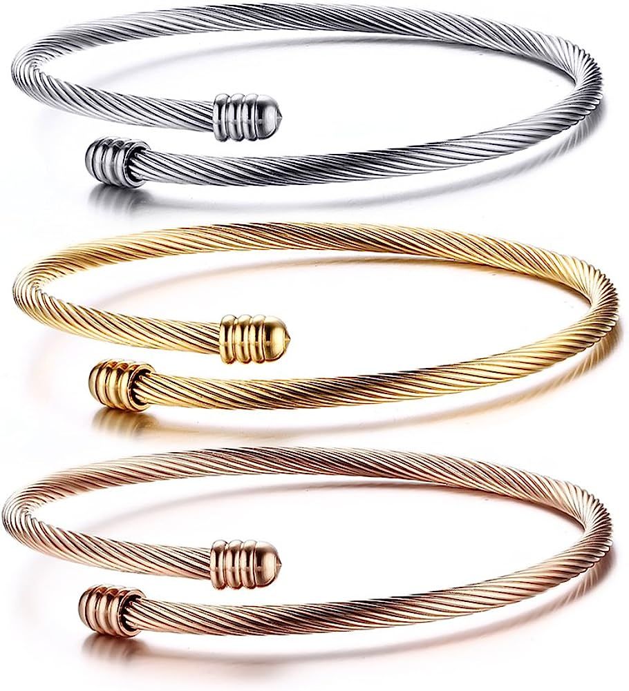 HUANIAN Stainless Steel Triple 3 Stackable Cable Wire Twisted Cuff Bangle Bracelet for Women, Gol... | Amazon (US)