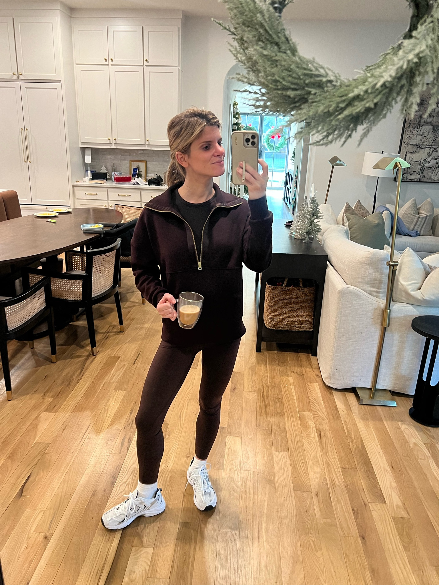 wearing size 4 in top, XS in pullover and S in leggings 