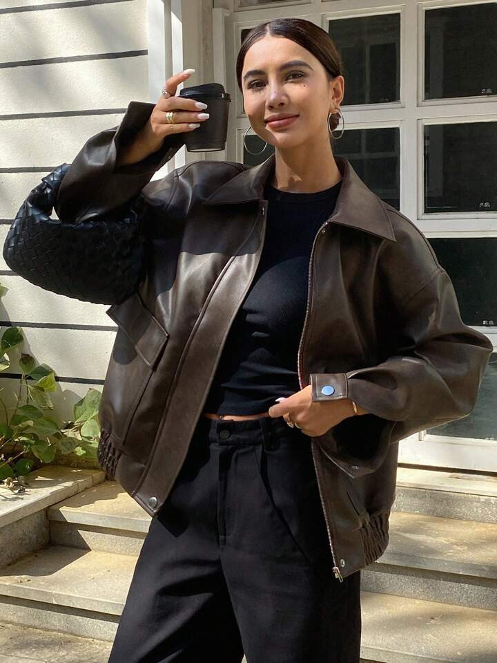 DAZY Autumn New Loose Casual PU Women's Jacket | SHEIN