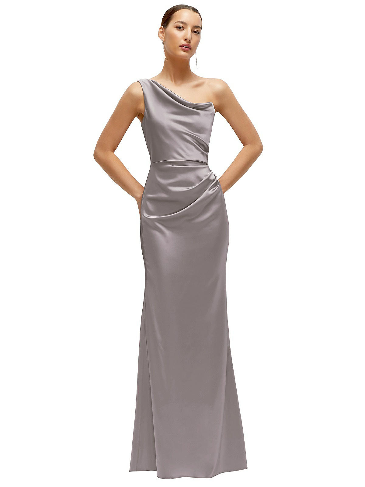 One-Shoulder Cat-Eye Neckline Fit and Flare Satin Maxi Dress in Cashmere Gray | Dessy Group