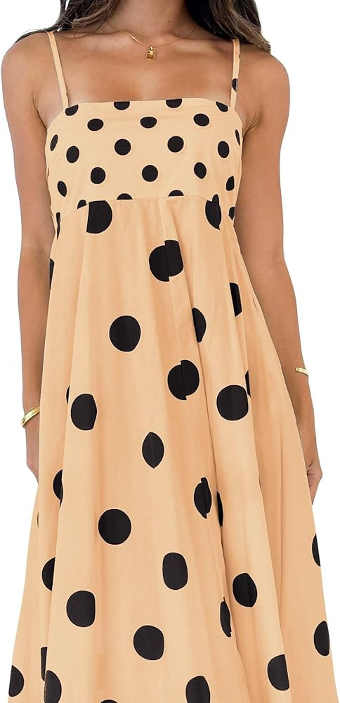 chouyatou Women's Elegant Polka Dot Maxi Dress Back Smocked Spaghetti Strap Ruffle Swing Long Dre... | Amazon (US)