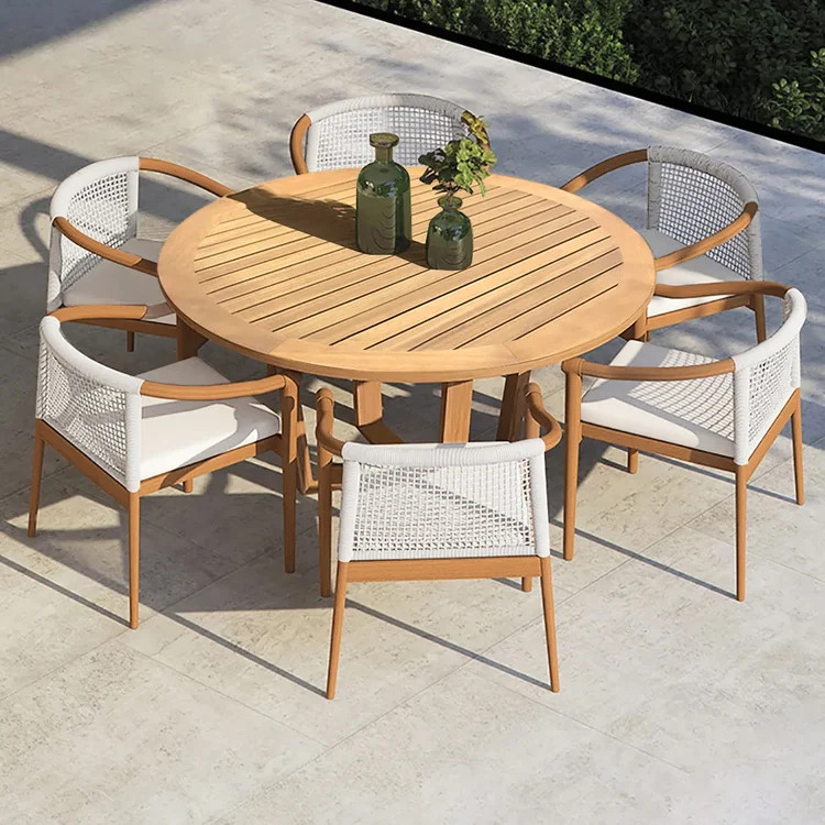 7 Pieces Teak Outdoor Dining Set Wood Round Dining Table with 6 Chairs in Natural | Homary