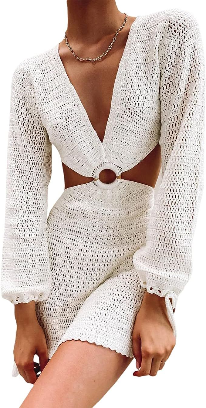 Yoawdats Women Long Sleeve Crochet Dress V Neck Cut Out Backless Mini Dress Rib Knit A-line Dress... | Amazon (US)