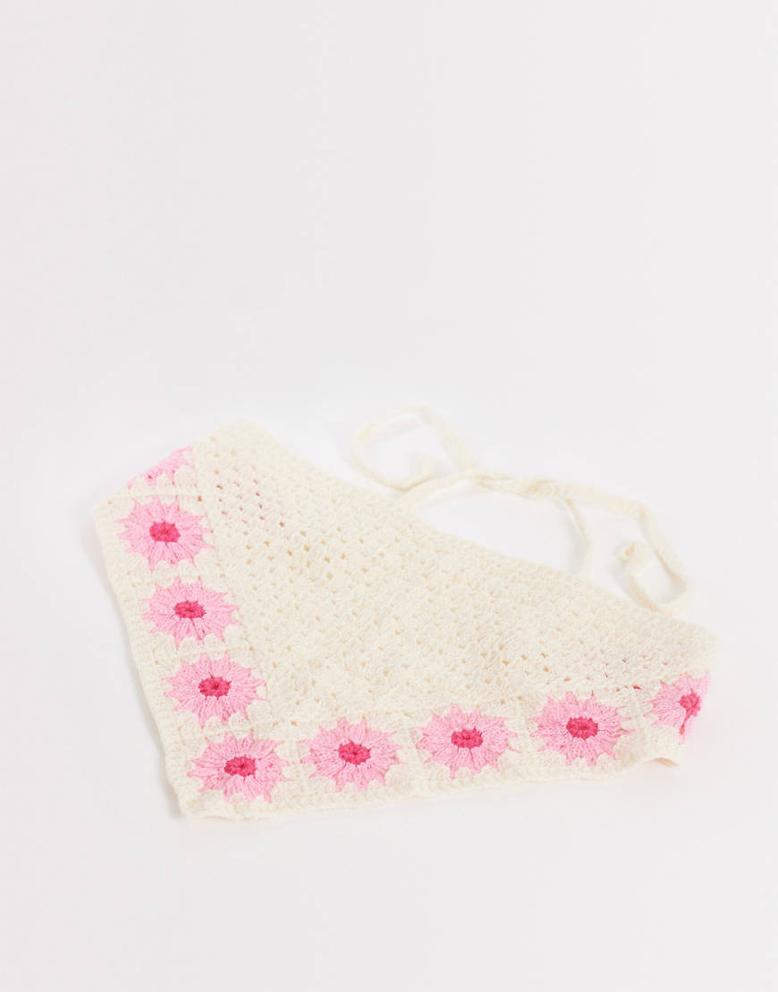 DesignB London crochet headscarf with pink flowers in cream | ASOS (Global)