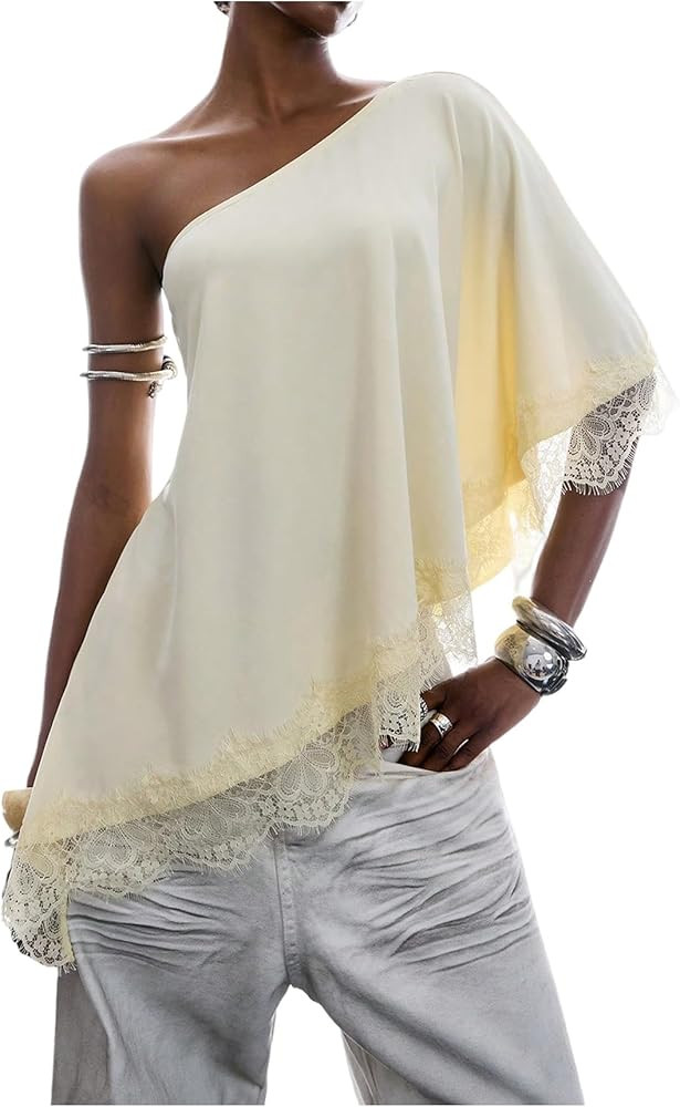 OYOANGLE Women's Half Sleeve One Shoulder Tshirts Lace Trim Asymmetrical Y2K Going Out Tops | Amazon (US)
