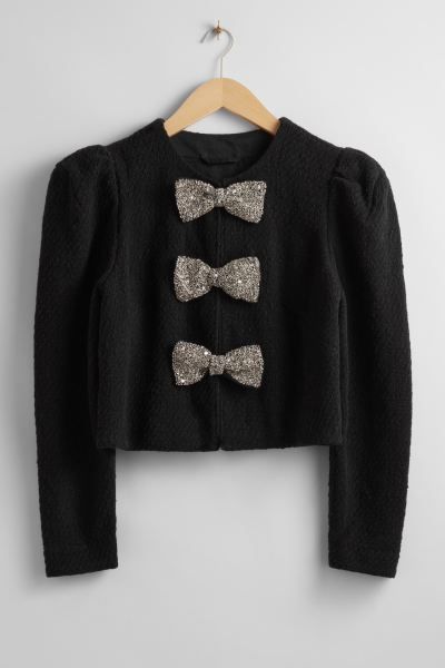 Sparkling-Bow Tweed Jacket - Black - Ladies | H&M GB | H&M (UK, MY, IN, SG, PH, TW, HK)