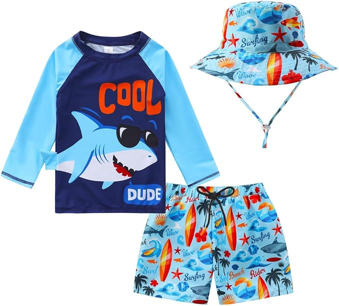 Toddlers and Baby Boys' 3-Piece Swimsuit Trunk and Rashguard Sun Hat Set | Amazon (US)