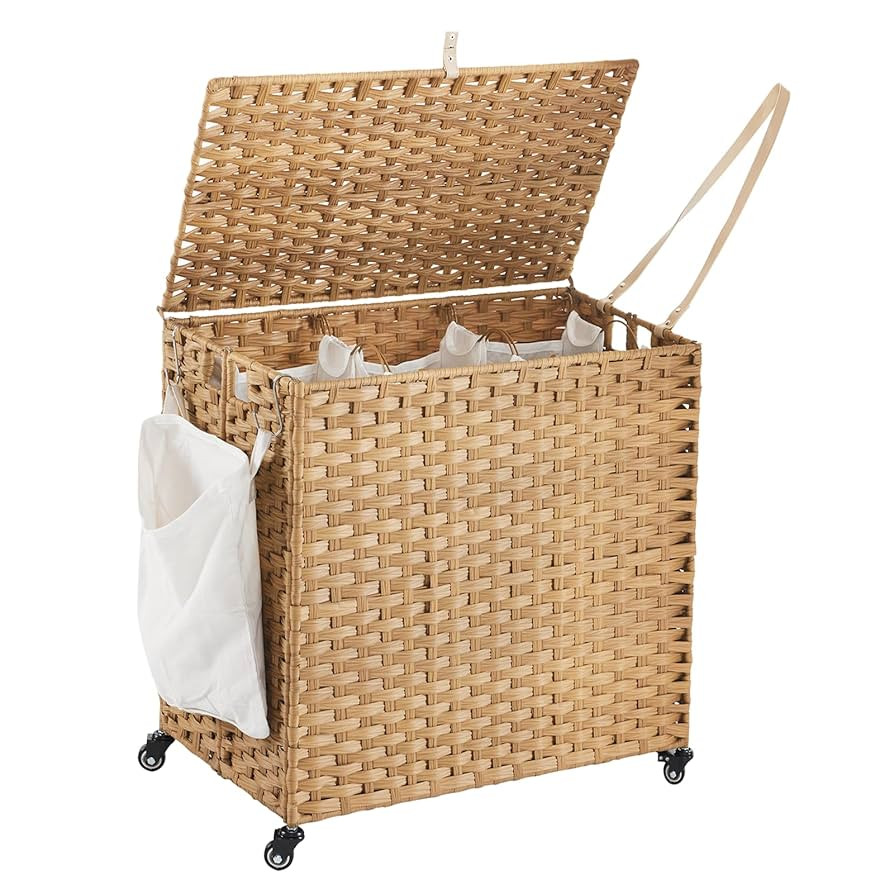 Laundry Hamper with Wheels, 39.6 Gallon(150L) Rolling Laundry Basket with Lid, 3-Section Rattan C... | Amazon (US)
