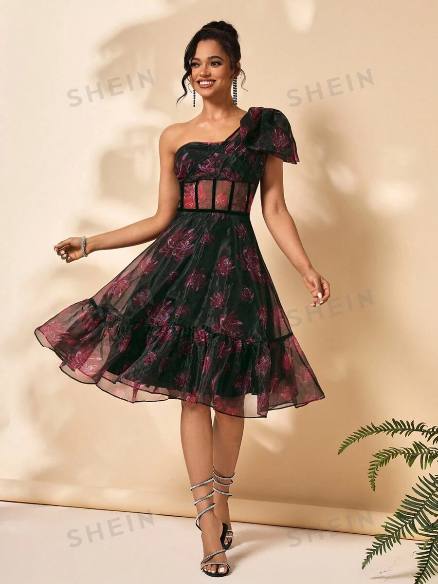 ASHWINI PATIL Designer Ladies' Random Printed Asymmetrical Neck Ruffle Hem Dress,Summer Elegant D... | SHEIN