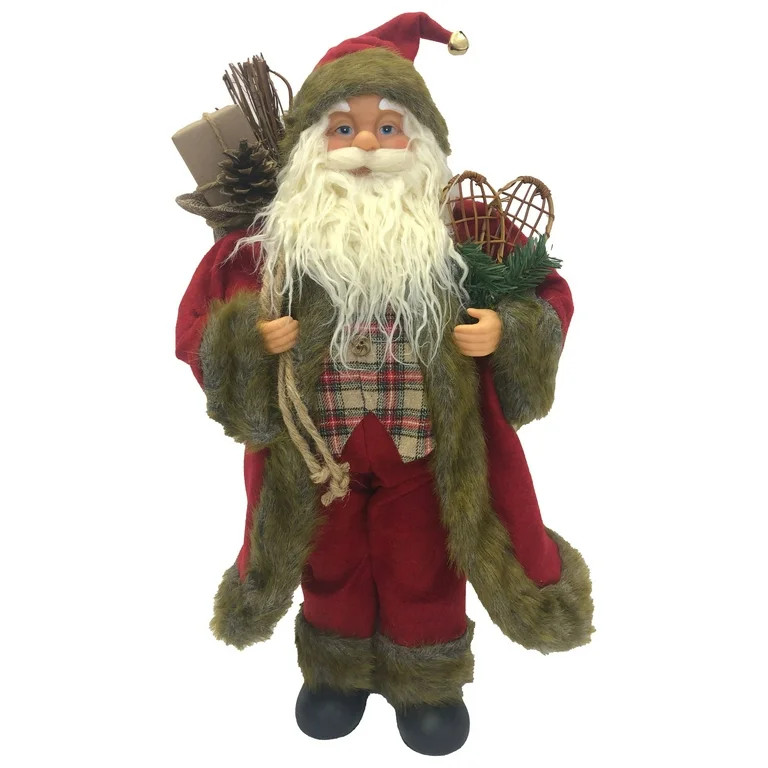 Holiday Time Santa in Fur Lined Red Coat with Snowshoes & a Bag of Packages Indoor Decor, 18" - W... | Walmart (US)