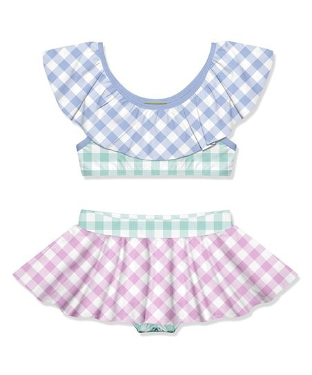Lilac & White Gingham Ruffle-Neck Skirted Bikini - Infant, Toddler & Girls | Zulily