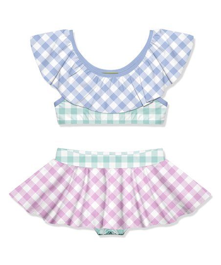 Lilac & White Gingham Ruffle-Neck Skirted Bikini - Infant, Toddler & Girls | Zulily
