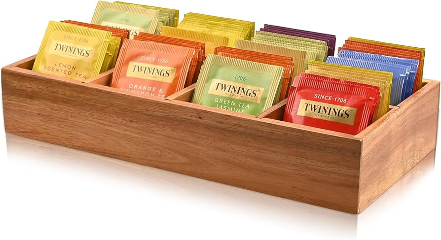 Acacia Wood Tea Bag Organizer with 8 Slots – Tea Bag Holder and Tea Organizer, Sugar Packet Sto... | Amazon (US)