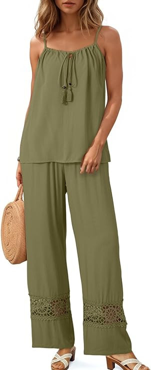 Dokotoo 2 Piece Sets for Women Summer Spaghetti Strap Tie Knot Top Lace Wide Leg Pants Set | Amazon (US)