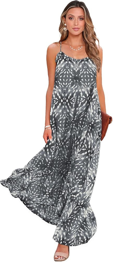 BTFBM Women's Summer Casual Maxi Dresses Spaghetti Strap Sleeveless Ruffle High Low Print Flowy Beac | Amazon (US)