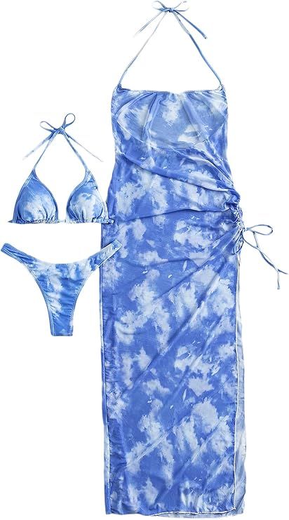 SheIn Women's 3 Piece Tie Dye Halter Triangle Bikini Set Swimsuit Bathing Suit with Cover Up Dres... | Amazon (US)