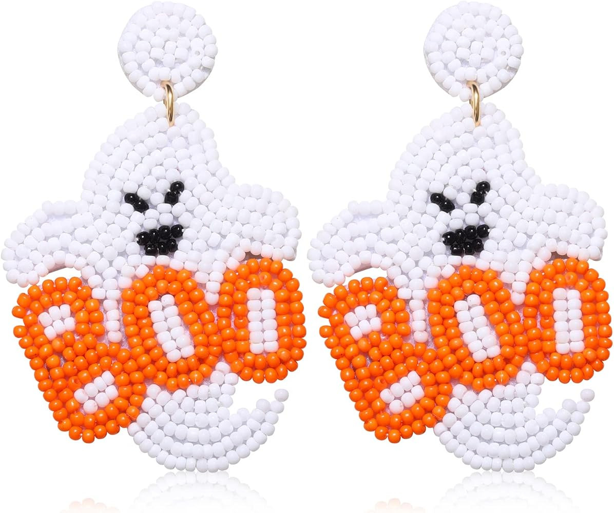 Halloween Earrings for Women Beaded Spooky BOO Ghost Drop Dangle Earrings Statement Handmade Hall... | Amazon (US)