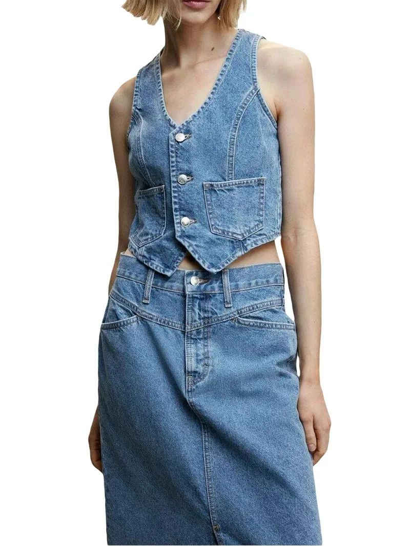Women Denim Vest Sleeveless Crop Tops Button Denim Gilet Jacket V Neck Jean Waistcoat Y2K Streetw... | Walmart (US)