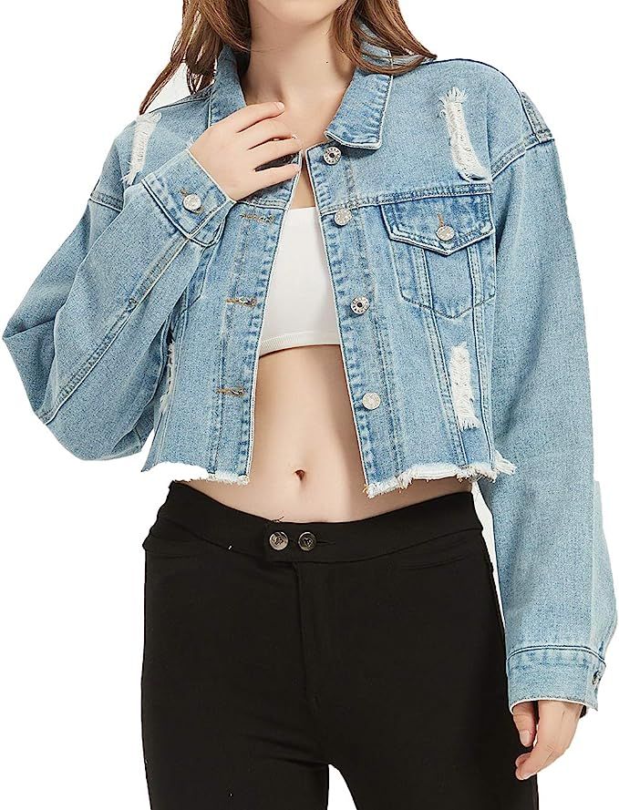 Saukiee Oversized Denim Jacket Distressed Boyfriend Jean Coat Jeans Trucker Jacket for Women Girl... | Amazon (US)