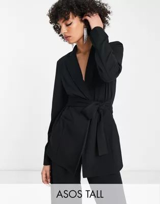 ASOS DESIGN Tall jersey belted suit blazer in black | ASOS (Global)