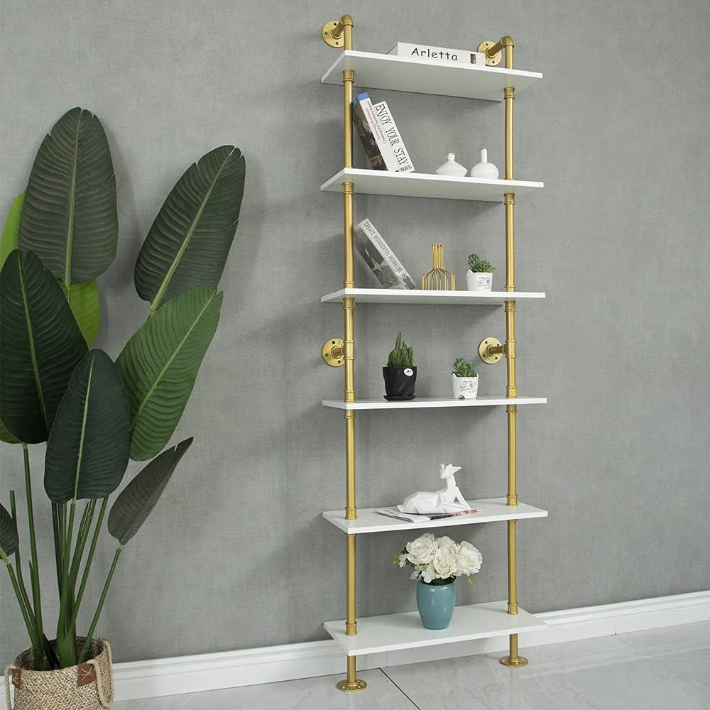 Industrial Gold Bookshelf-6 Tier Wall Mounted Ladder Bookshelf, Rustic Gold Storage Book Shelves Display Bookcases for Living Room/Home/Office | Amazon (US)