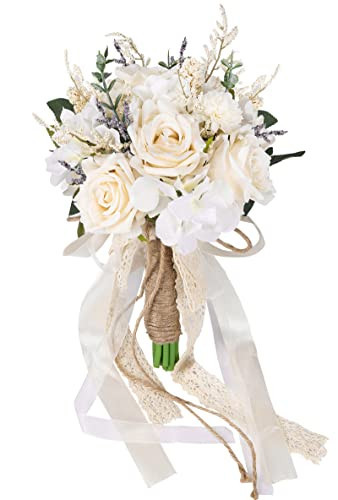 CEWOR Wedding Bouquets for Bride Bridesmaid, White Champagne Artificial Roses Flowers Wedding Decoration (7.5in) | Amazon (US)