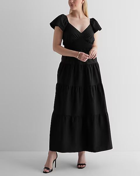 V-Neck Flutter Sleeve Tiered Poplin Maxi Dress | Express