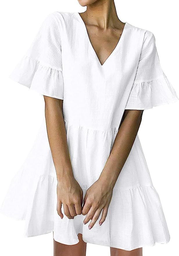 FANCYINN Women’s Cute Shift Dress with Pockets Fully Lined Bell Sleeve Ruffle Hem V Neck Loose ... | Amazon (US)