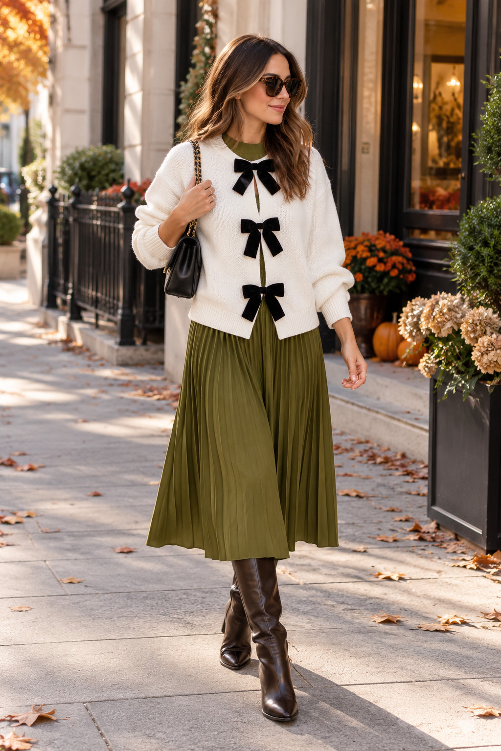 This holiday outfit is such a cute mix of cozy and dressed-up 🎀✨ The olive pleated midi dress with the white bow cardigan feels festive without being over the top, and the brown knee-high boots make it perfect for chilly holiday plans. I love this for Christmas brunch, holiday shopping, family gatherings, dinner dates, or any festive day when you want to look polished but still comfy. The little black bows add the sweetest holiday touch. 🤎
#HolidayOutfit #HolidayStyle #ChristmasOutfit #ChristmasFashion #FestiveOutfit #HolidayPartyLook #WinterOutfitIdeas #FallToWinterStyle #MidiDressOutfit #CardiganOutfit #BowCardigan #KneeHighBoots #HolidayFashion #ChristmasLook #FestiveStyle #CozyChic #WinterFashion #HolidayOutfitIdeas #ChristmasBrunchOutfit #HolidayDinnerLook 

 #LTKSeasonal #LTKU #LTKSaleAlert