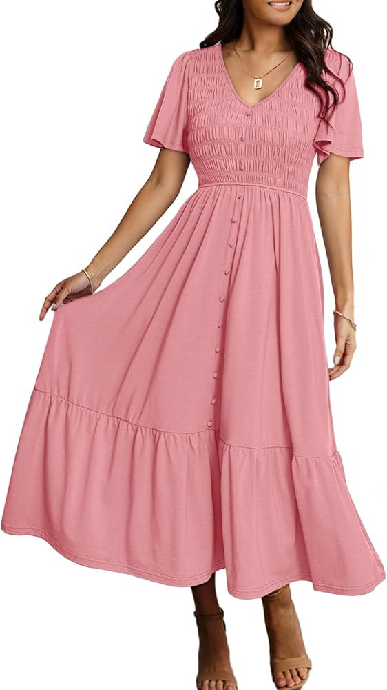 Simplee Womens Summer Smocked Flowy Dress - Casual Flutter Sleeve Tiered Boho Maxi Dresses with P... | Amazon (US)