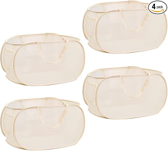 4Pcs Beige Canvas Laundry Hamper, Foldable Pop-up Mesh Basket, Large Capacity, Opening Design, Si... | Amazon (US)