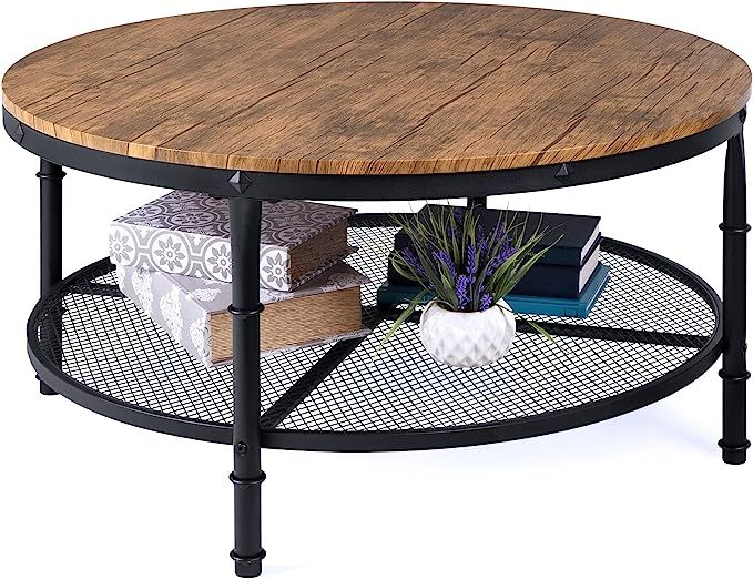 Best Choice Products 2-Tier 35.5in Round Industrial Coffee Table, Rustic Steel Accent Table for L... | Amazon (US)