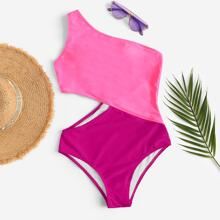 Two Tone One Shoulder One Piece Swimwear | SHEIN