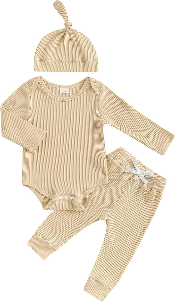 Newborn Baby Boy Girl Outfits Long Sleeve Striped Ribbed Knitted Romper Pants Hat 3Pcs Infant Fal... | Amazon (US)