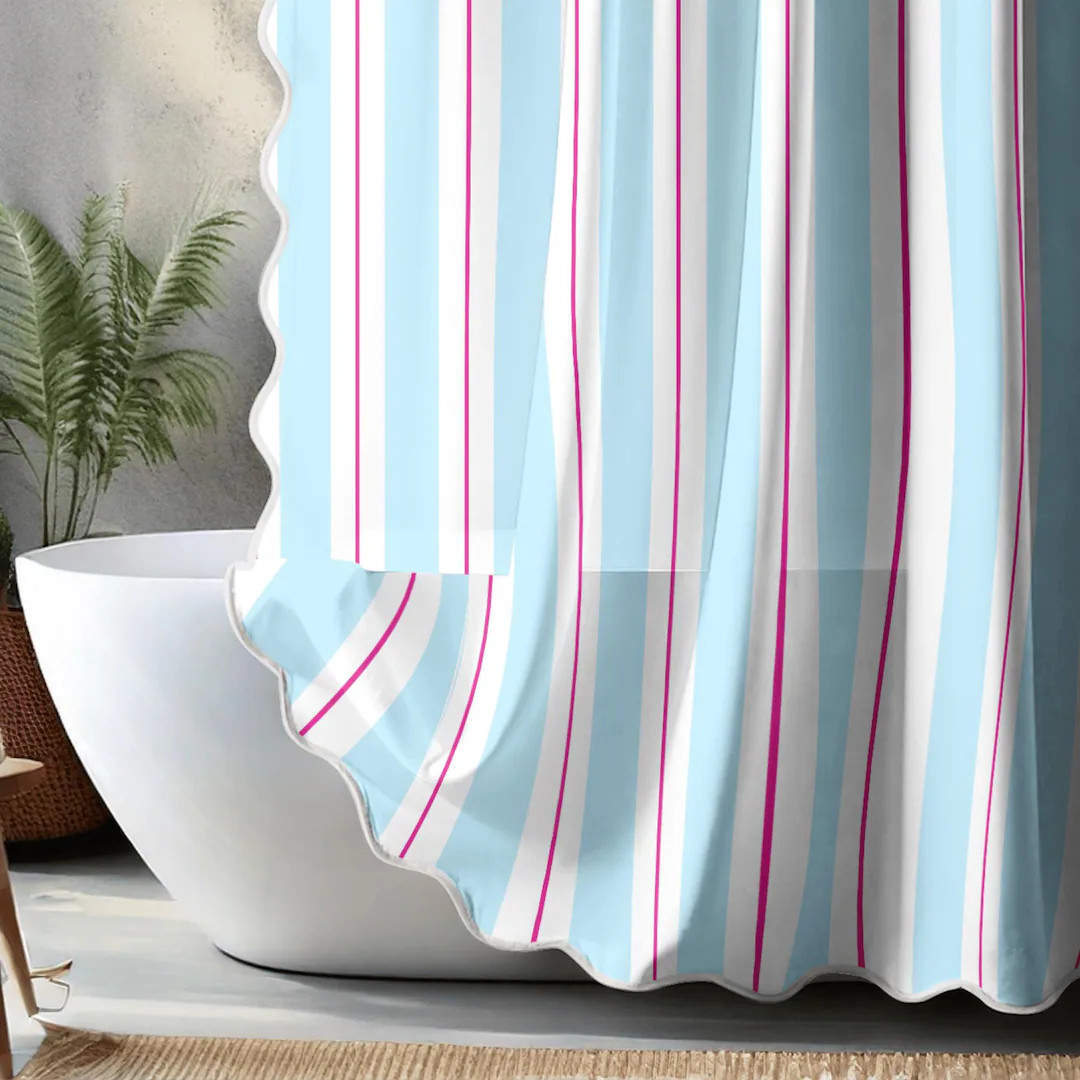 Wavy Edge Shower Curtain Scalloped Edge Light Blue Striped Modern Bathroom Decor Neon Pink Curtai... | Etsy (US)