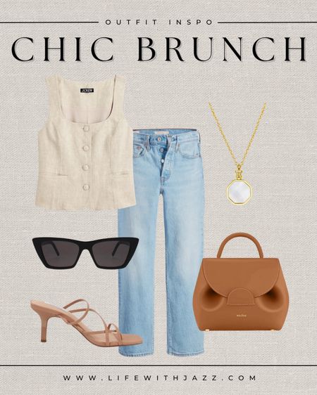 Chic brunch outfit inspo 

Linen top vest / light blue wash jeans / sunglasses / pearl necklace / nude heels / purse / chic / dressy 


#LTKStyleTip #LTKSeasonal