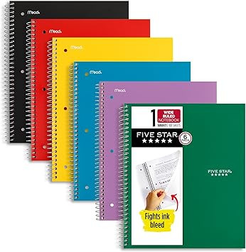Five Star Spiral Notebook, 6 Pack, 1-Subject, Wide Ruled Paper, Fights Ink Bleed, Water Resistant... | Amazon (US)