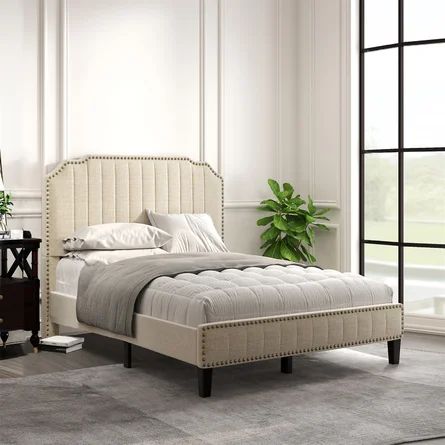 Rosdorf Park Modern Linen Curved Upholstered Platform Bed , Solid Wood Frame , Nailhead Trim (Que... | Wayfair North America