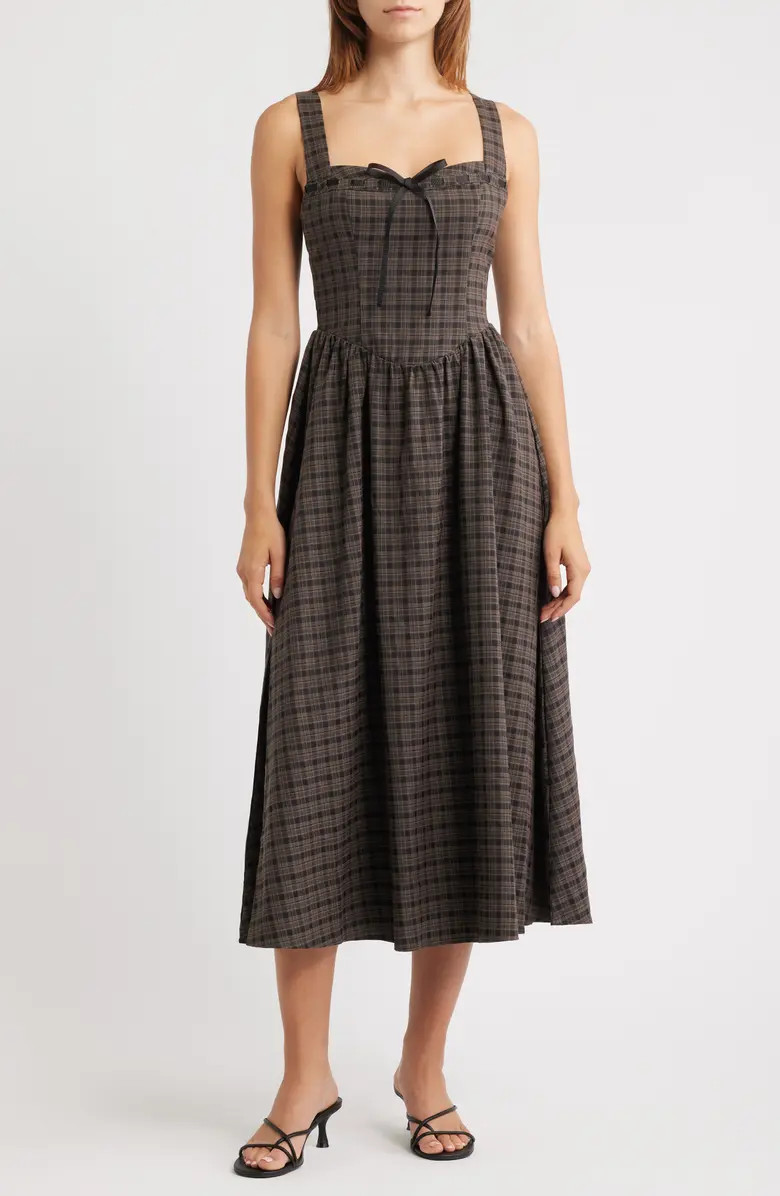 Plaid Sweetheart Neck Fit & Flare Midi Dress | Nordstrom