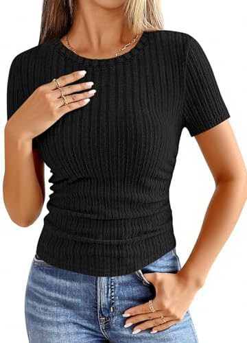 ANRABESS Womens Tops Short Sleeve Crewneck Shirts Slim Fit Ribbed Knit Lightweight Sweater 2026 S... | Amazon (US)