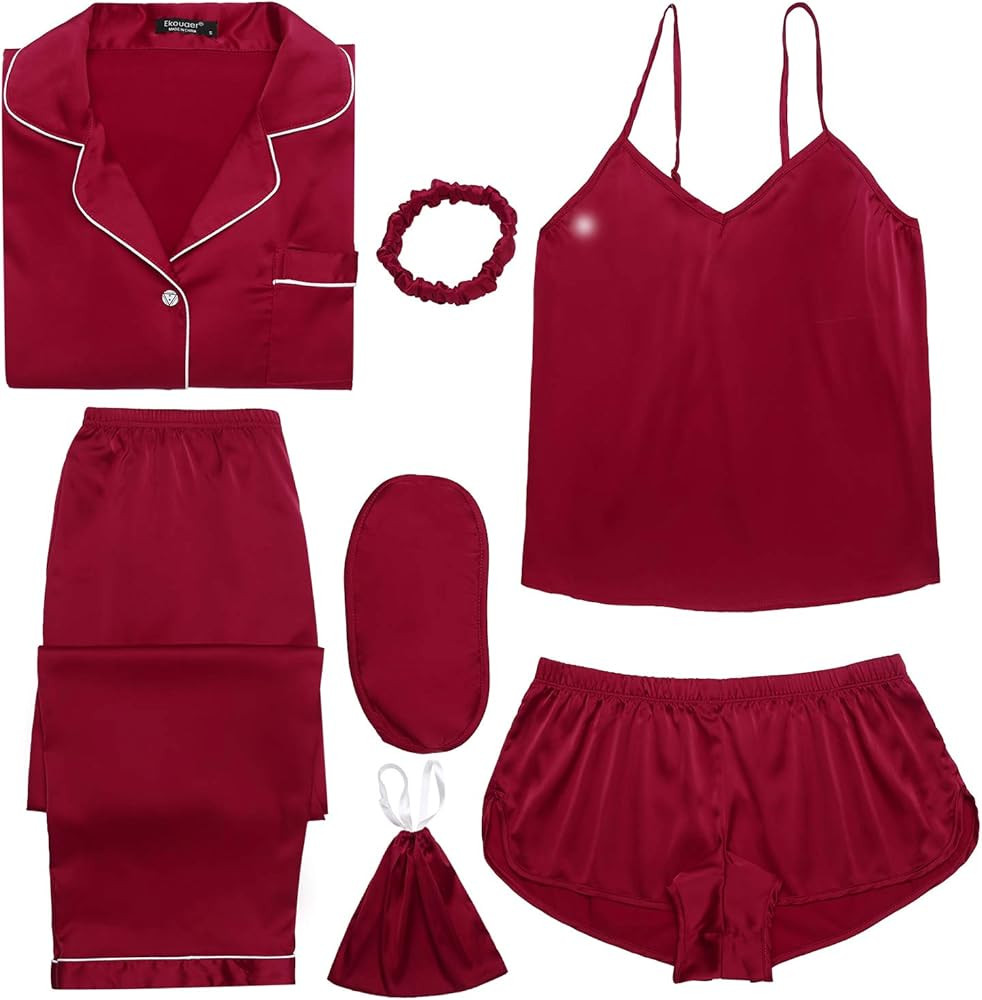 Ekouaer Pajamas Set Satin 7pcs Sleepwear Womens Sexy Cami Short Set and Button Down Long Sleeve P... | Amazon (US)